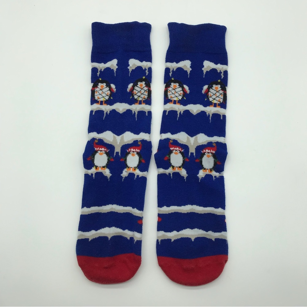 Blue Christmas Penguin Crew Socks Unisex Santa Hat Snow Winter Patterned Cute